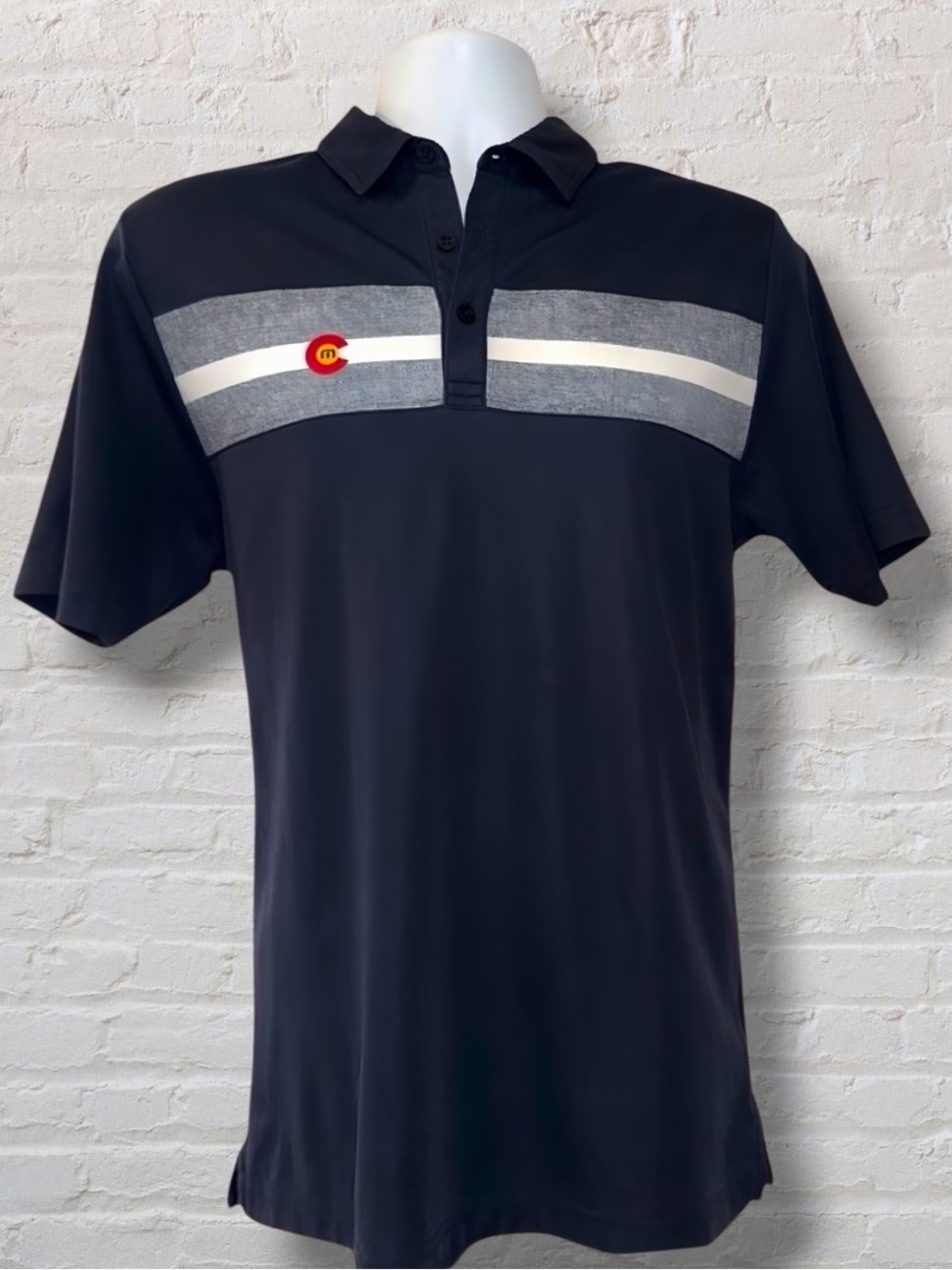 Travis Mathew Colorado Flag Navy Stripe Polo Shirt - Men’s Size Medium